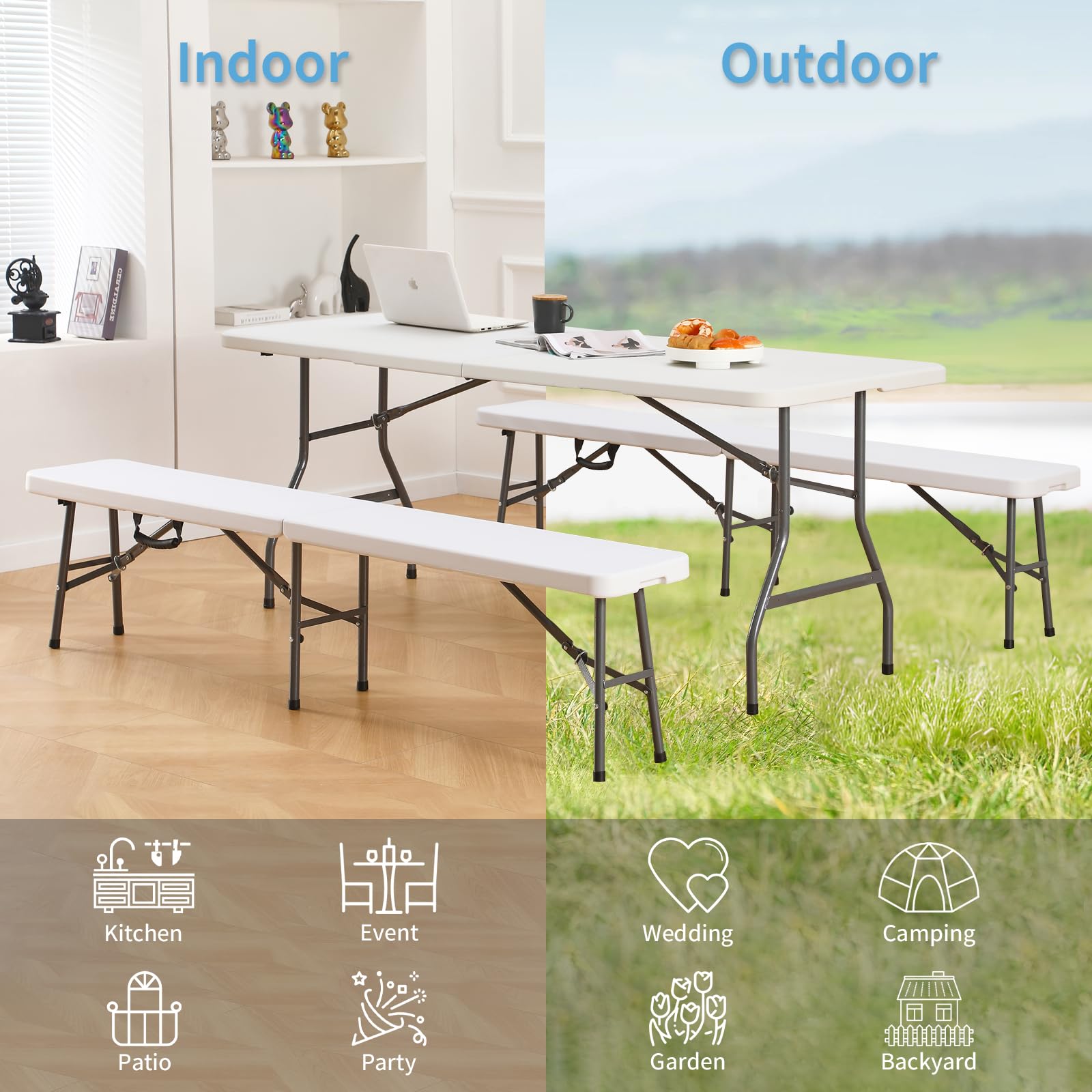 KAIHAOWIN Banc pliable en plastique blanc de 1,8 m avec poignée de transport, siège portable pour pique-nique, camping, salle à manger, fête