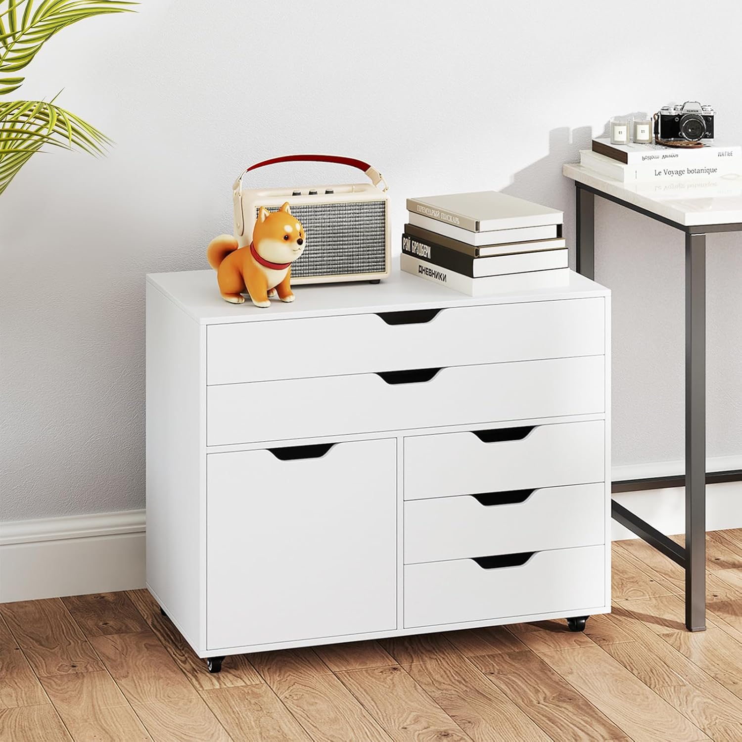MAT EXPERT 5-Drawer Mobile File Cabinet w/Door, Lateral Filing Cabinet w/5 Universal Wheels, Rolling File Cabinets with Storage, Modern Wood Printer Stand for Home Office, Living Room, Study (White)