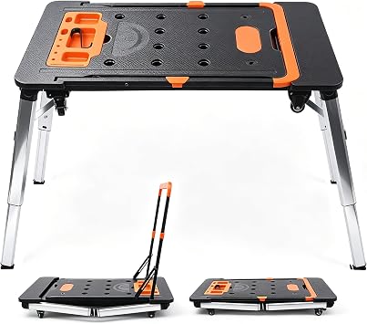 Multifunctional Folding Work Table, 7-in-1 Work Platform with Wheels, Scaffold Sawhorse Work Table Car Creeper Transport Cart Hand Truck, Adjustable Height 20.5-30.7 in, 551 Lbs Load Capacity