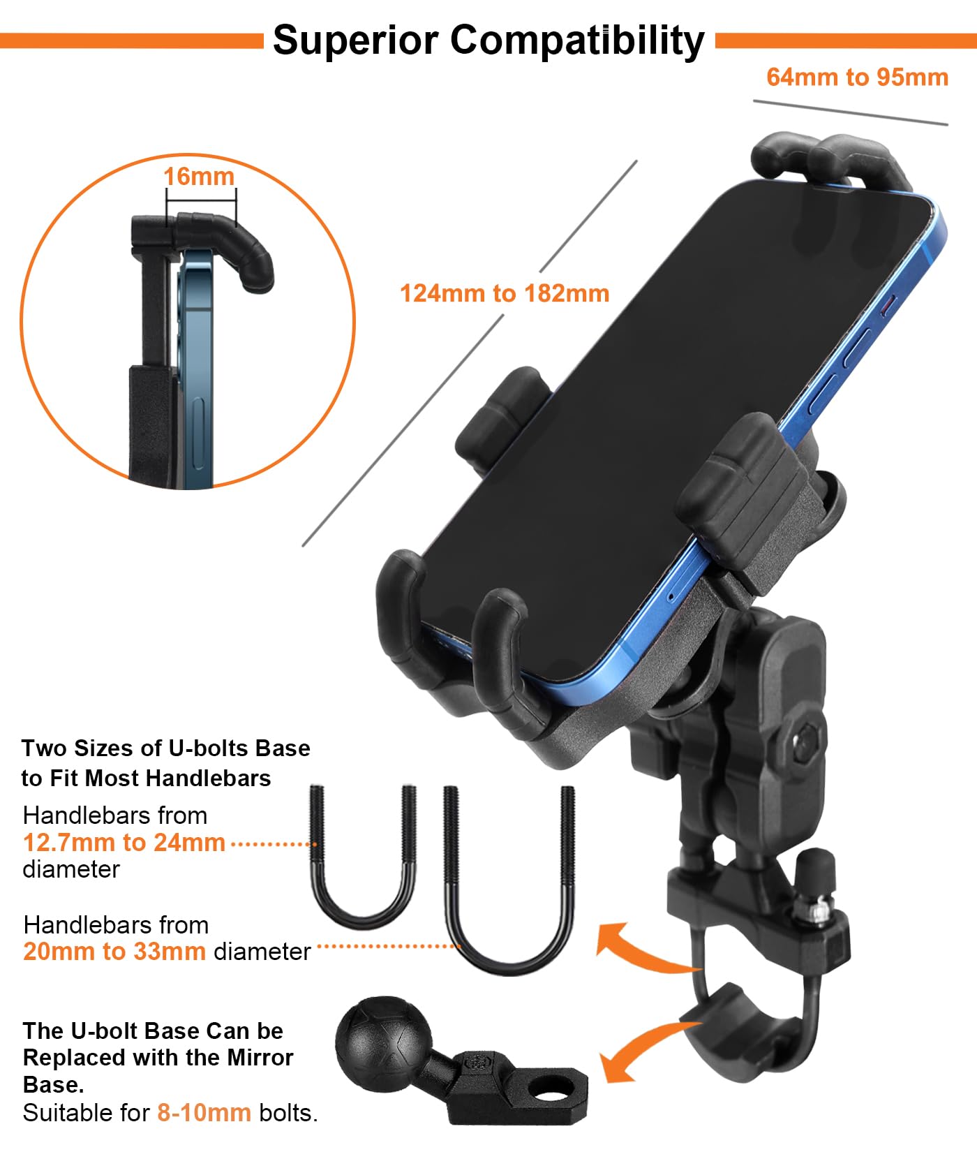Supporto Telefono Moto con smorzatore di vibrazioni, adatto per manubri di ATV, biciclette e scooter con diametro di 12,7-33 mm e specchi, supporto telefoni da 4,7-7,2 pollici