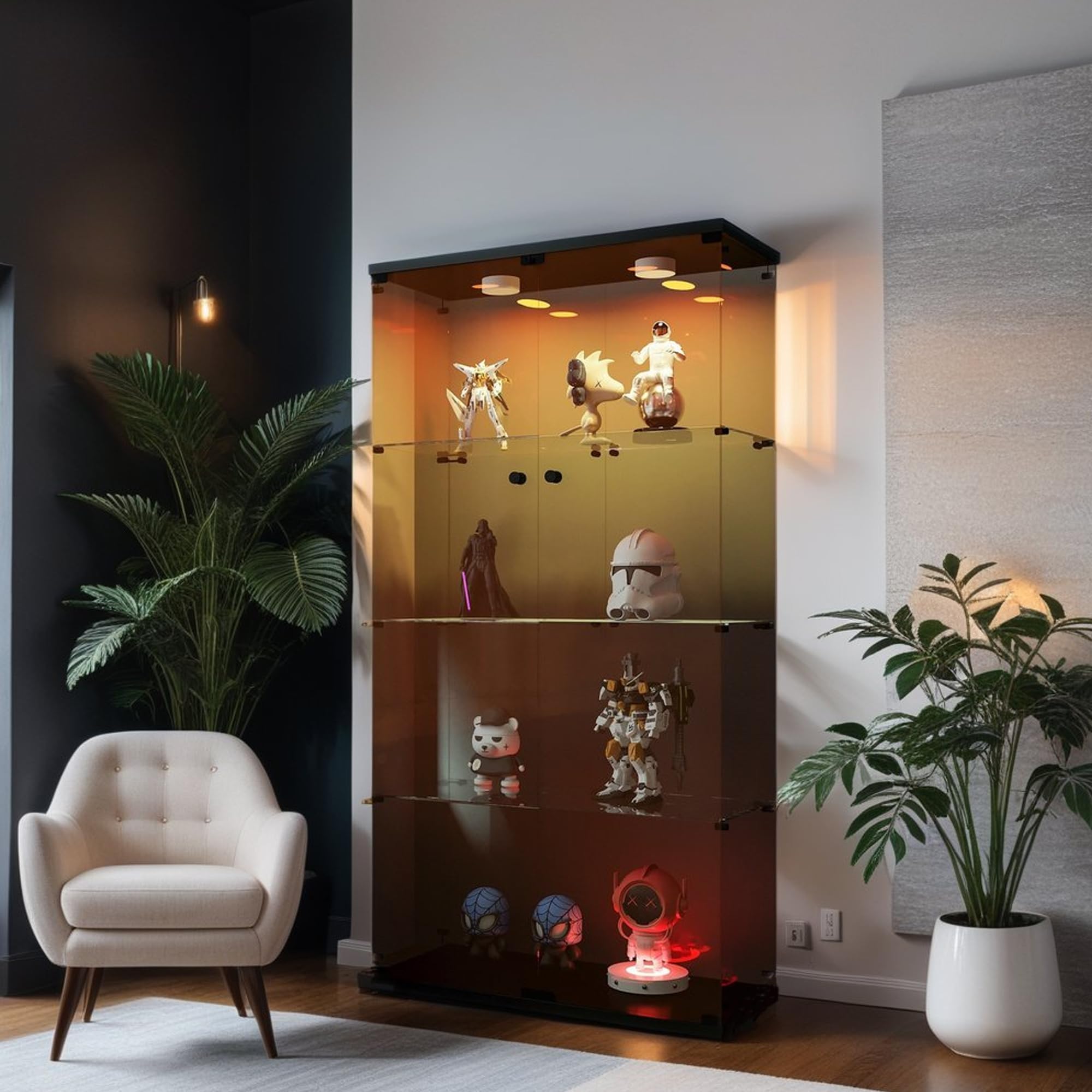 Modern 64.5'' Glass Display Cabinet in Clear with Lock and Lights, Lighted Curio Cabinet Collection Display Case, Floor Standing Showcase for Living Room Home Office