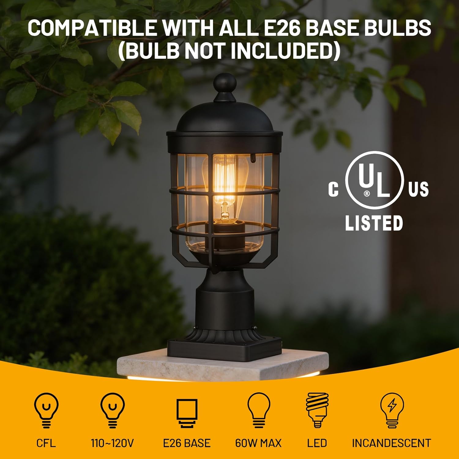 Outdoor Post Lights Lamp Post Light Fixture with Clear Glass Industrial Lantern Cage, Pillar Pole Lights Outdoor Light Posts for Outside Yard Garden