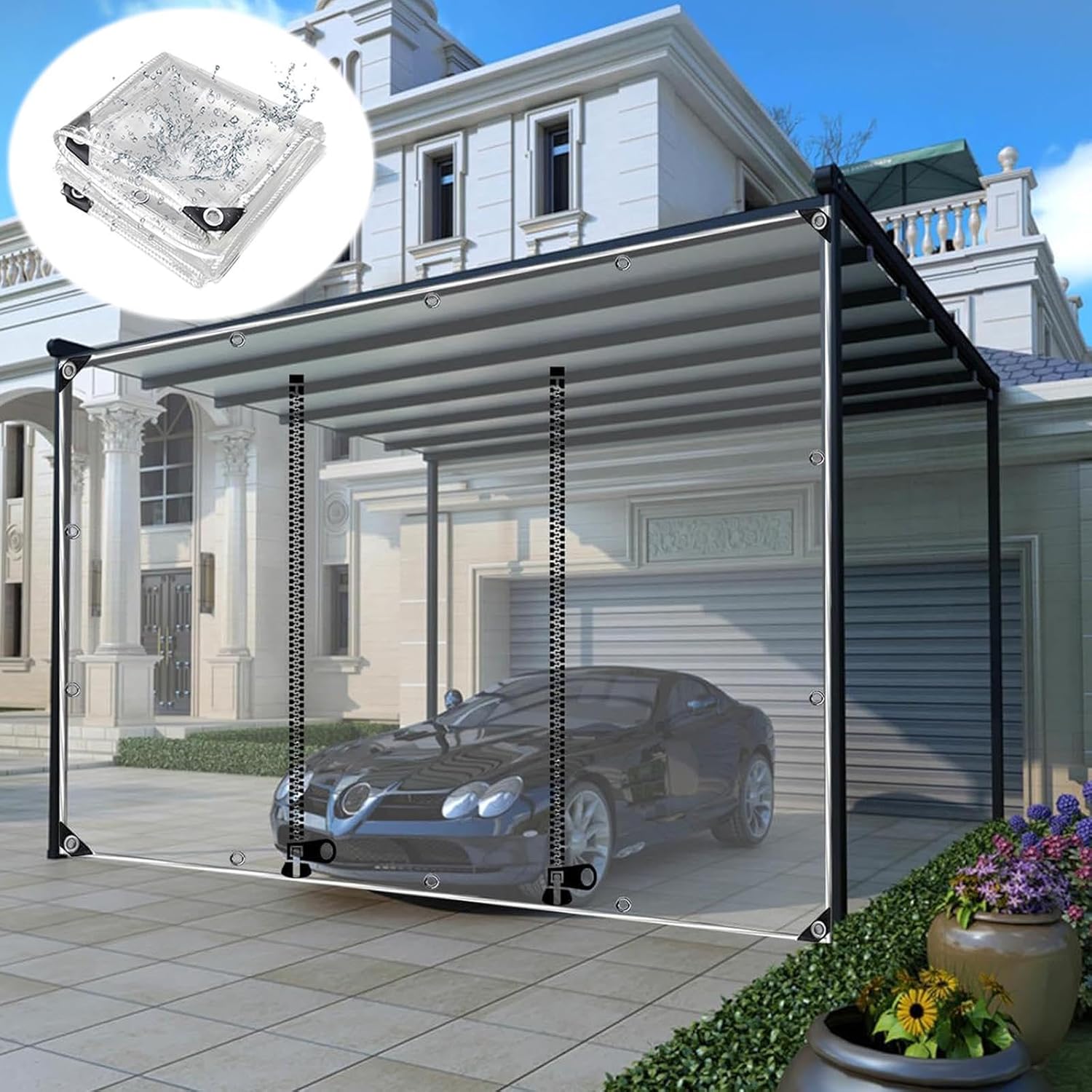 Transparent Waterproof Tarpaulin with Zipper Door,Pergola Gazebo Patio Garden Carport Transparent Tarpaulin Side Panels,Outdoor PVC Tarp Curtains,Rain Curtains with Grommets,L×H-1×2m(3.3 * 6.6ft)