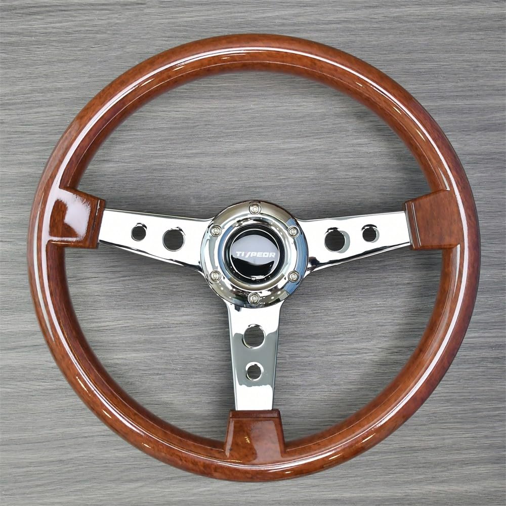 Klassisches Holzlenkrad, 350 mm (14 Zoll), universell einsetzbar, für Rennwagen, Retro-Design, 3 Speichen, 6 Schrauben, mit Hupenknopf, für Oldtimer-Modifikationen, Sim Driving, Motorsport und JDM.