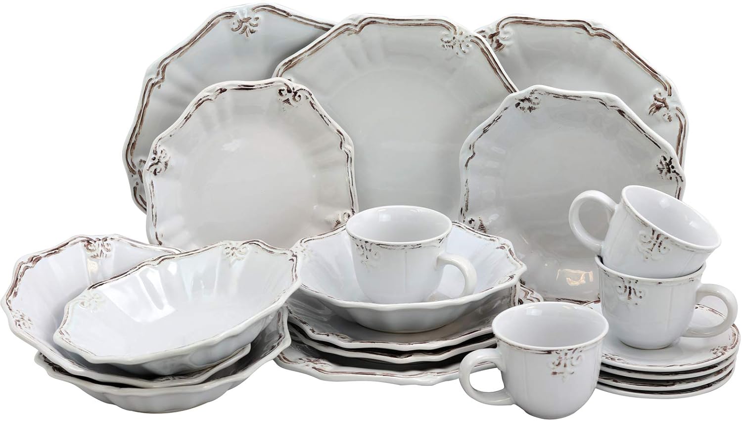 Elama Fleur De Lys 20-Piece Dinnerware Set in White