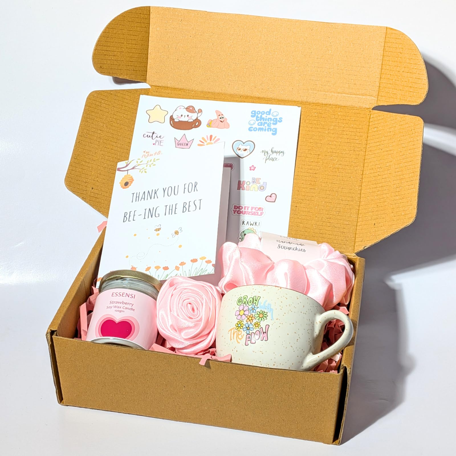 Valentine Gift Hamper | Valentine’s Day Gift for Girlfriend, Wife | Gift Box with Candle, Hair Clip, Scrunchie, Calendar, Card, Stickers (Strawberry Kiss)-image-23
