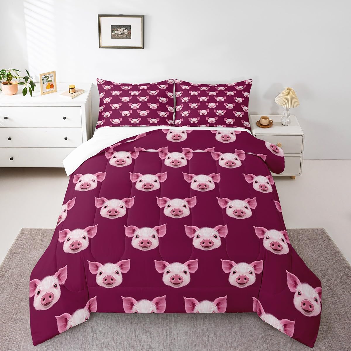 Feelyou Pig Comforter Set Queen Size Kids Cartoon Pigs Bedding Set for Boys Girls Teens Lovely Animal Comforter Breathable Cute Pet Duvet Set Farm Animal Quilt Set