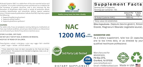 Miniatura 4 de Brieofood Suplemento NAC N-acetil cisteína 1200 mg por porción 250 cápsulas - Suplemento de apoyo inmunológico