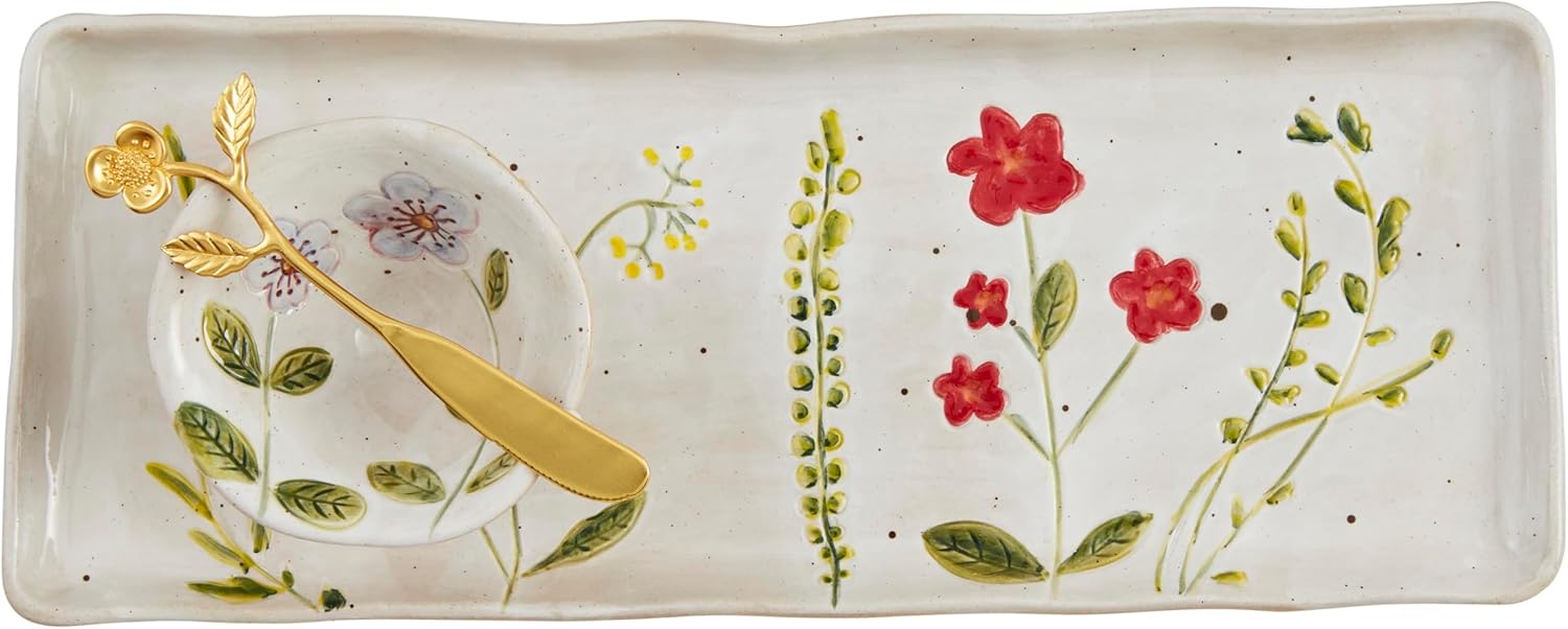 Mud Pie Flower Set tray 5" x 13" | spreader 5 dip 2" x 3 1/2" dia, White