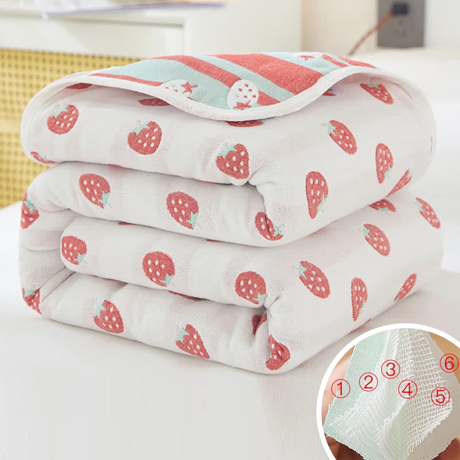 Pastoral Strawberry Soft Pure Cotton Quilt, Machine Washable Reversible Blanket Wrinkled & Shrinks Resistant & Durable Six Layers of Gauze Twin Outdoor Indoor Quilt Bedding (L 35.4 * W 39.4)