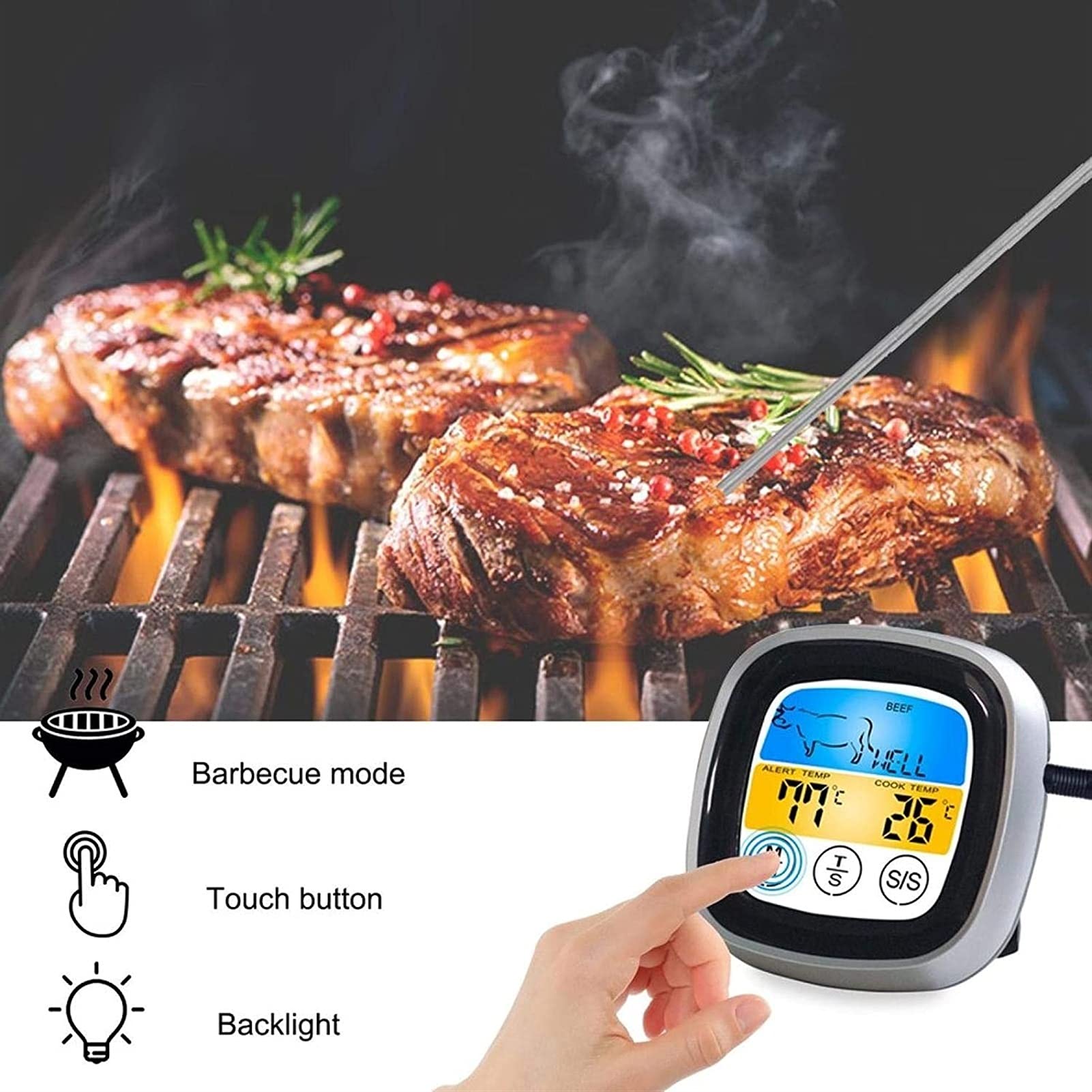 Cyfrowy termometr do mięsa z natychmiastowym odczytem 40-calowa sonda do piekarnika Bezpieczny termometr do żywności z czułym kolorowym wyświetlaczem LCD do grillowania, palacza, grilla