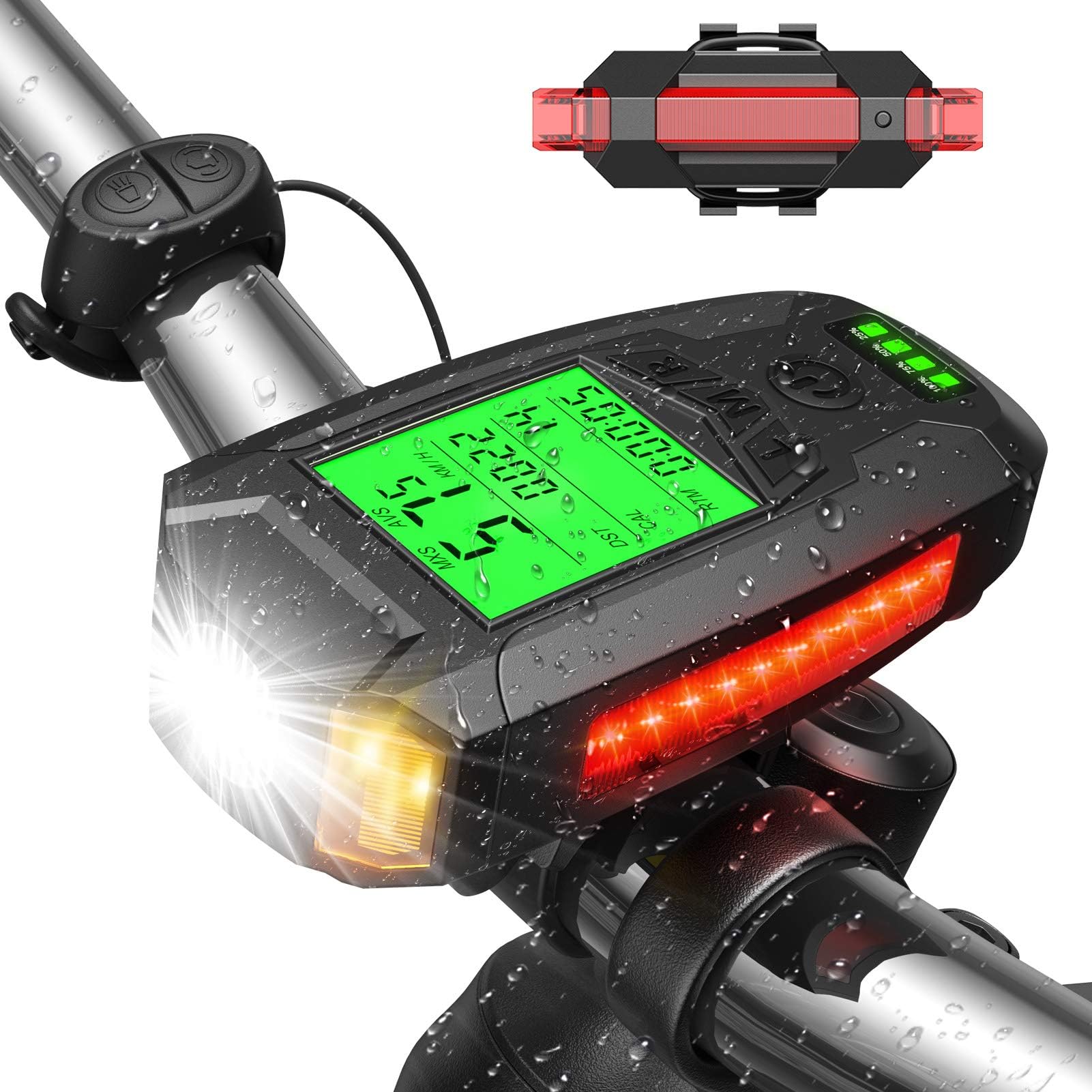 Bike Lights Set, USB Rechargeable, Super Bright Front Headlight and Rear LED Bicycle Light, 5 Light Modes, with Speedometer Calorie Counter for Men Women Kids Road Mountain Cycling