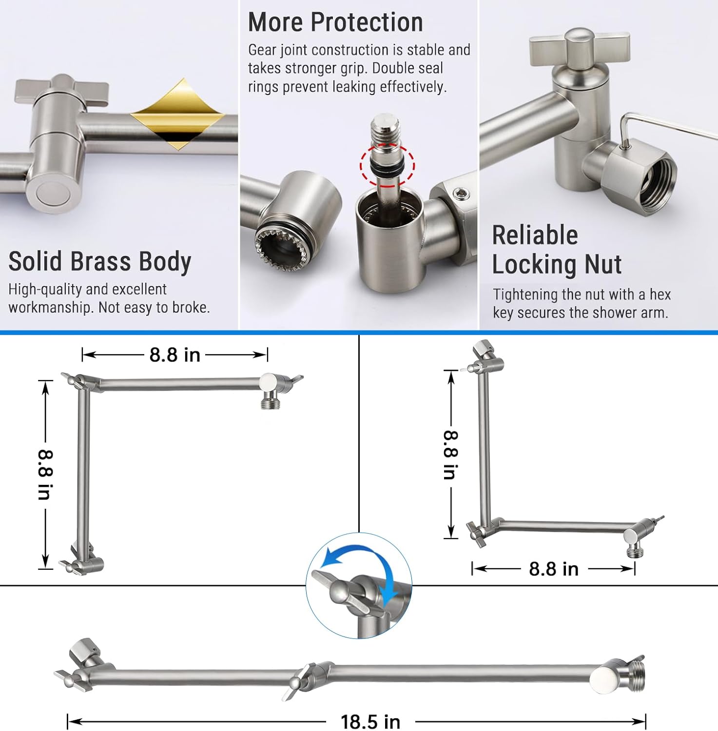 G-Promise 18 Inch Shower Head Extension Arm, Solid Brass Height & Angle Adjustable Extender, Adjustable Wall Mount Shower Wand Bracket, Strong Adhesive Disc Mount or Drill Installation