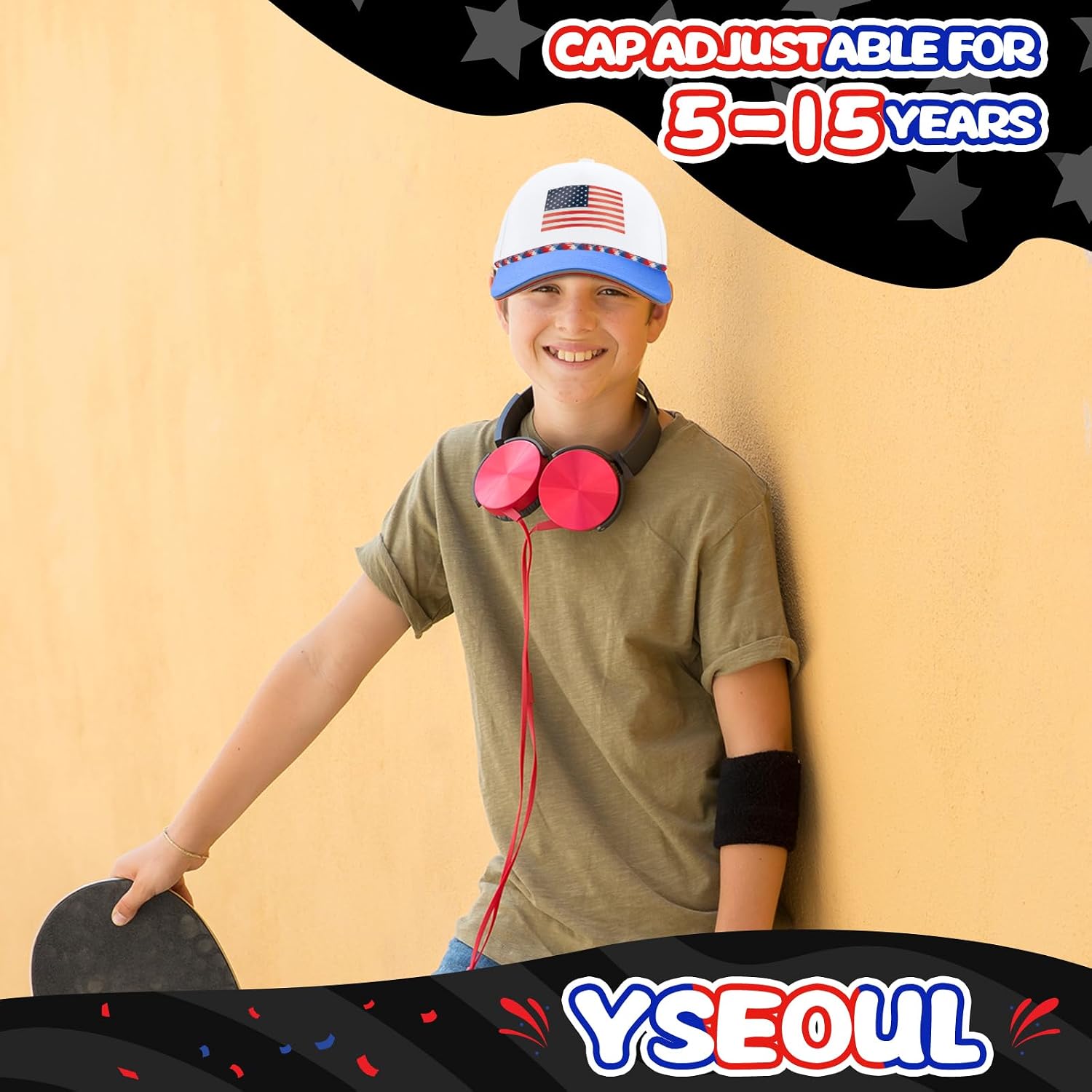 Youth Kids American Flag Trucker Hat, USA 250th Anniversary Snapback Cap Quick Dry with Reflective Trim, Ages 5-15