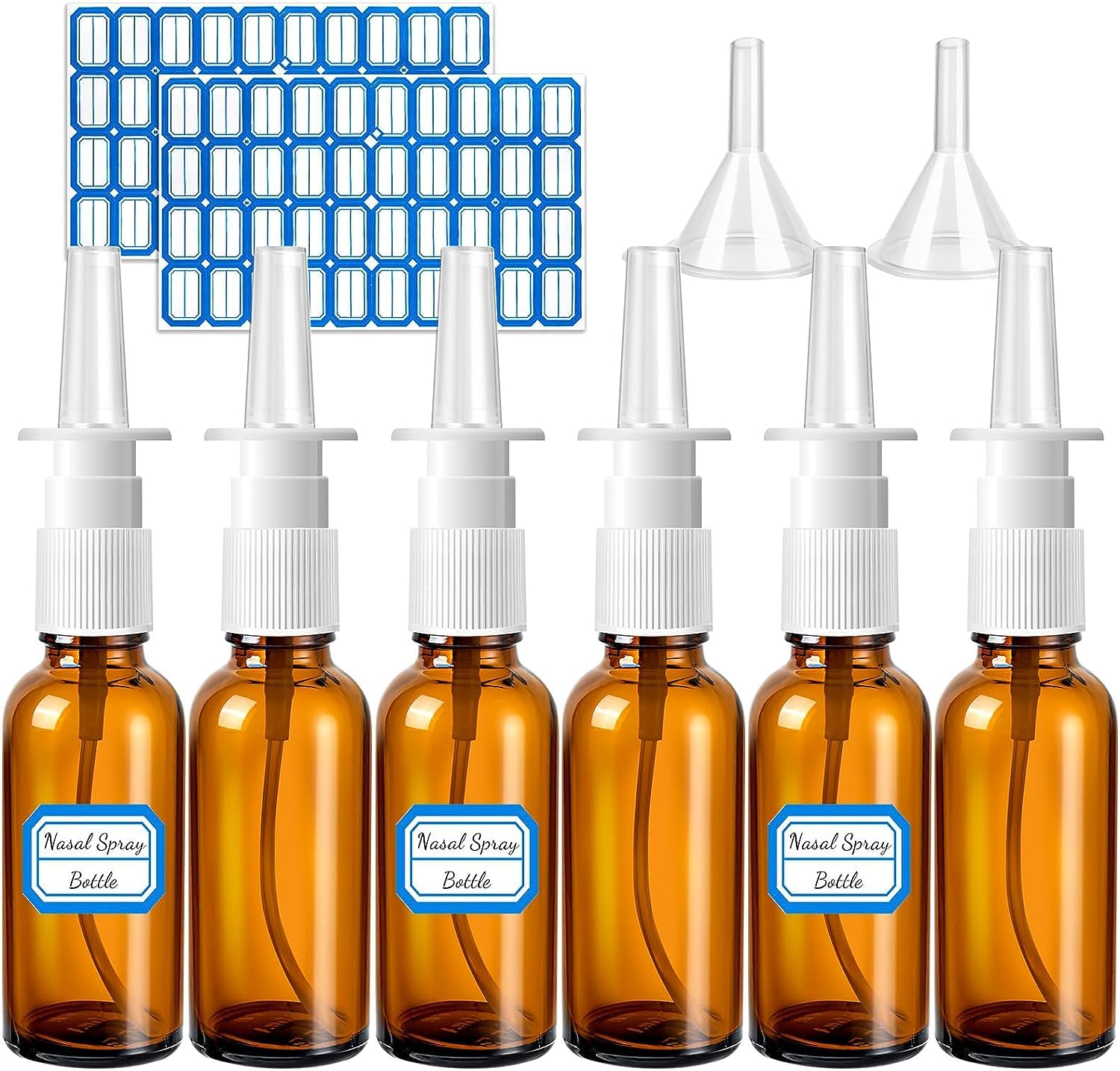 LZMDISU Lot de 10 flacons vaporisateurs nasaux, 30 ml, 6 flacons vaporisateurs en verre portables vides avec 2 entonnoirs et 2 étiquettes, atomiseurs rechargeables à brume fine