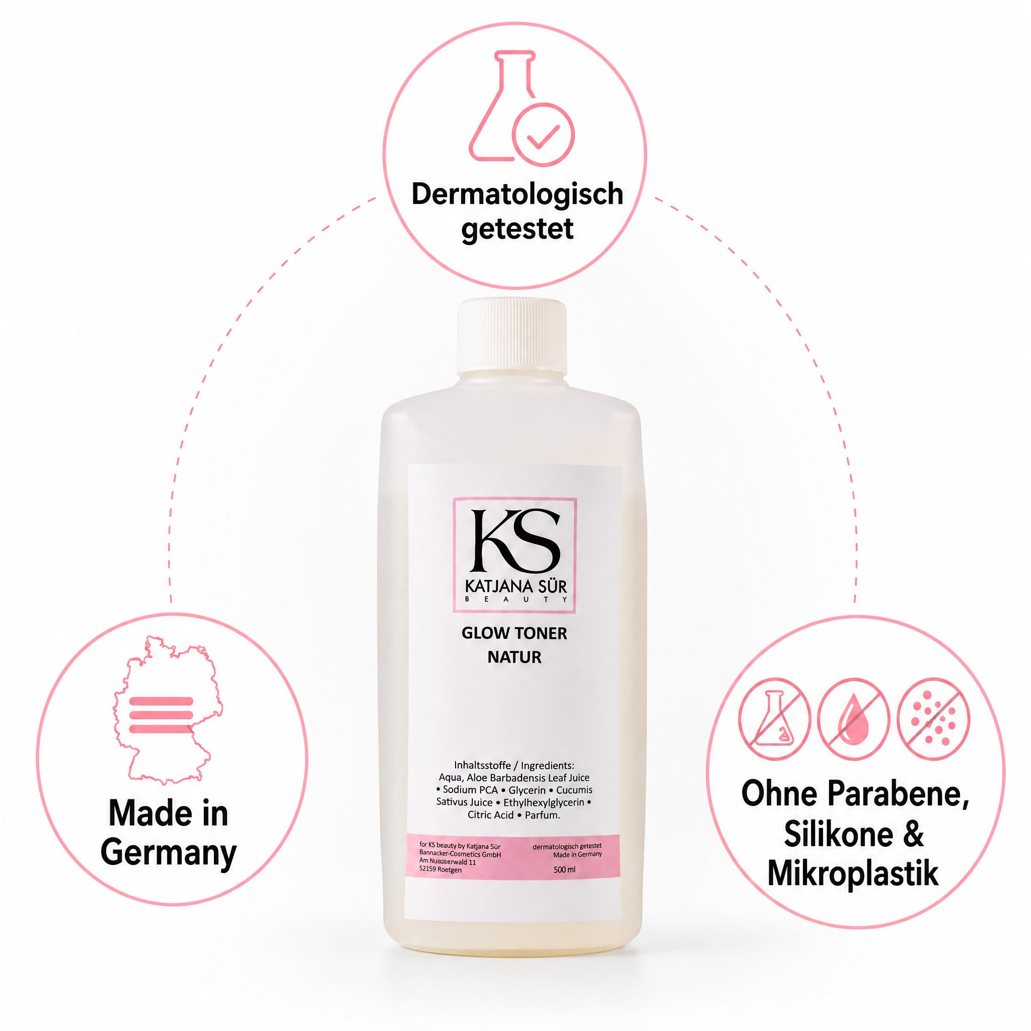 KS Beauty Glow Toner Gesichtswasser mit Pumpspender, 500 ml | Feuchtigkeitsspendender Gesichtstoner für trockene & sensible Haut – dermatologisch getestet, Made in Germany