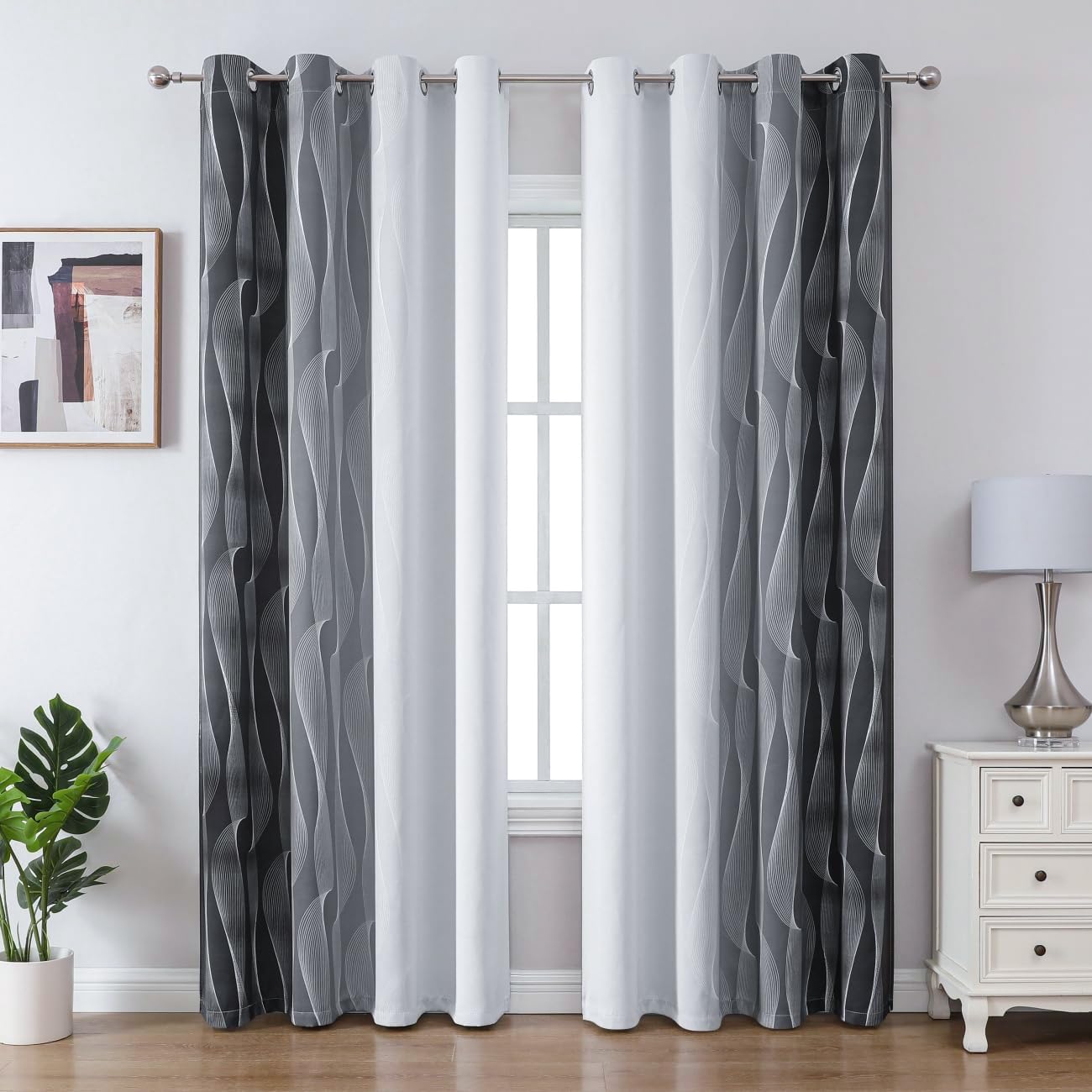 Tende oscuranti ombré grigio sfumato e bianco, H260 x L140 cm, 2 pannelli con occhielli, motivo a onde, oscuramento 80-90%, soggiorno camera ufficio
