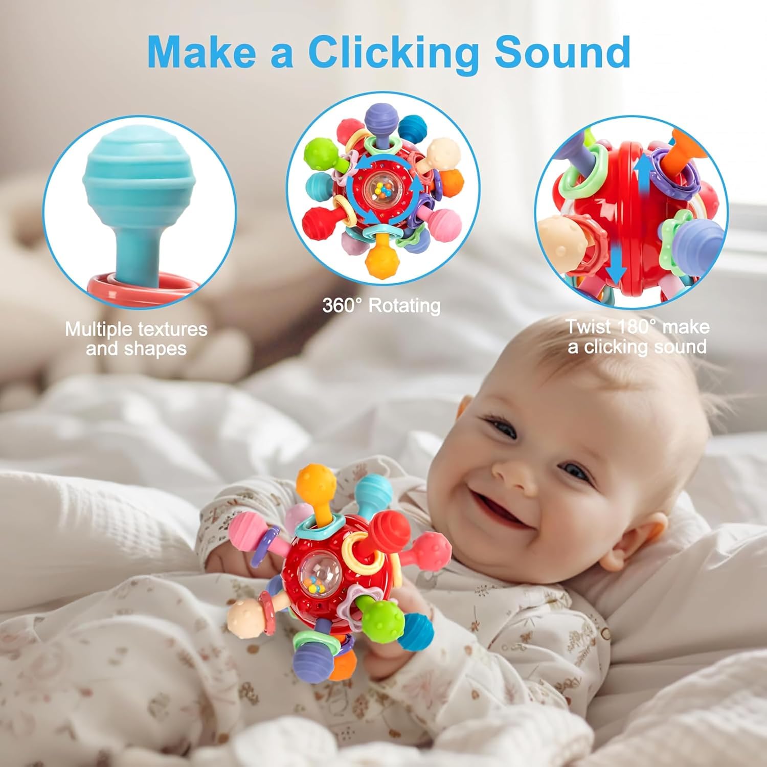 PB Prime Brands Silicone Baby Teether Ball Toy, BPA-Free Sensory Teething Toy for 3+ Months, Soft Chewable Textured Teether with Rattle, Colorful Grasping & Development Toy for Infants and Toddlers (Red) 1
