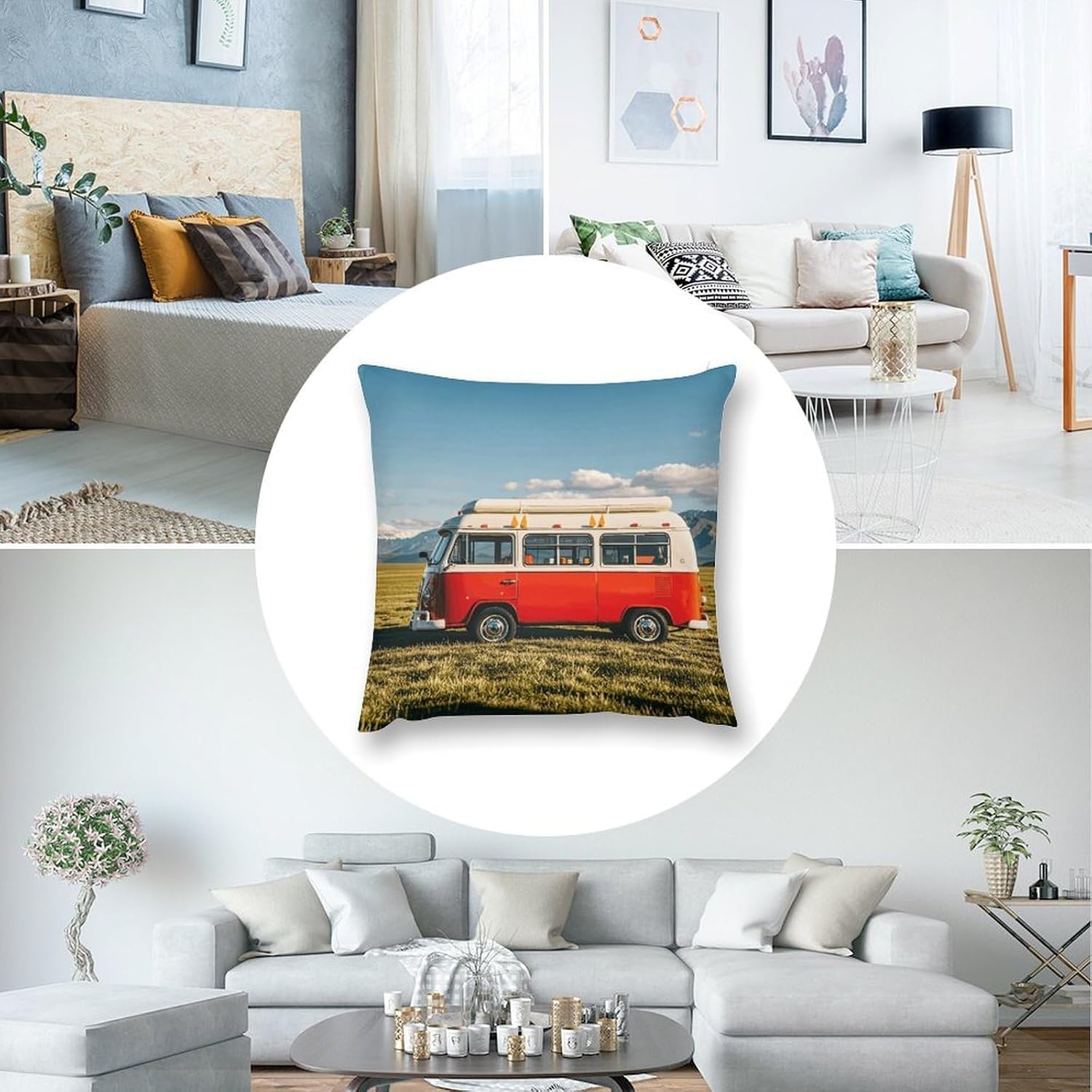 Short Plush Throw Pillow Covers 16x16 Decorative Happy Bus Camper Body Pillowcases with Hidden Zipper for Bed Sofa Cushion Car Bedroom Living Room Farmhouse & Boho Home Decor image 5