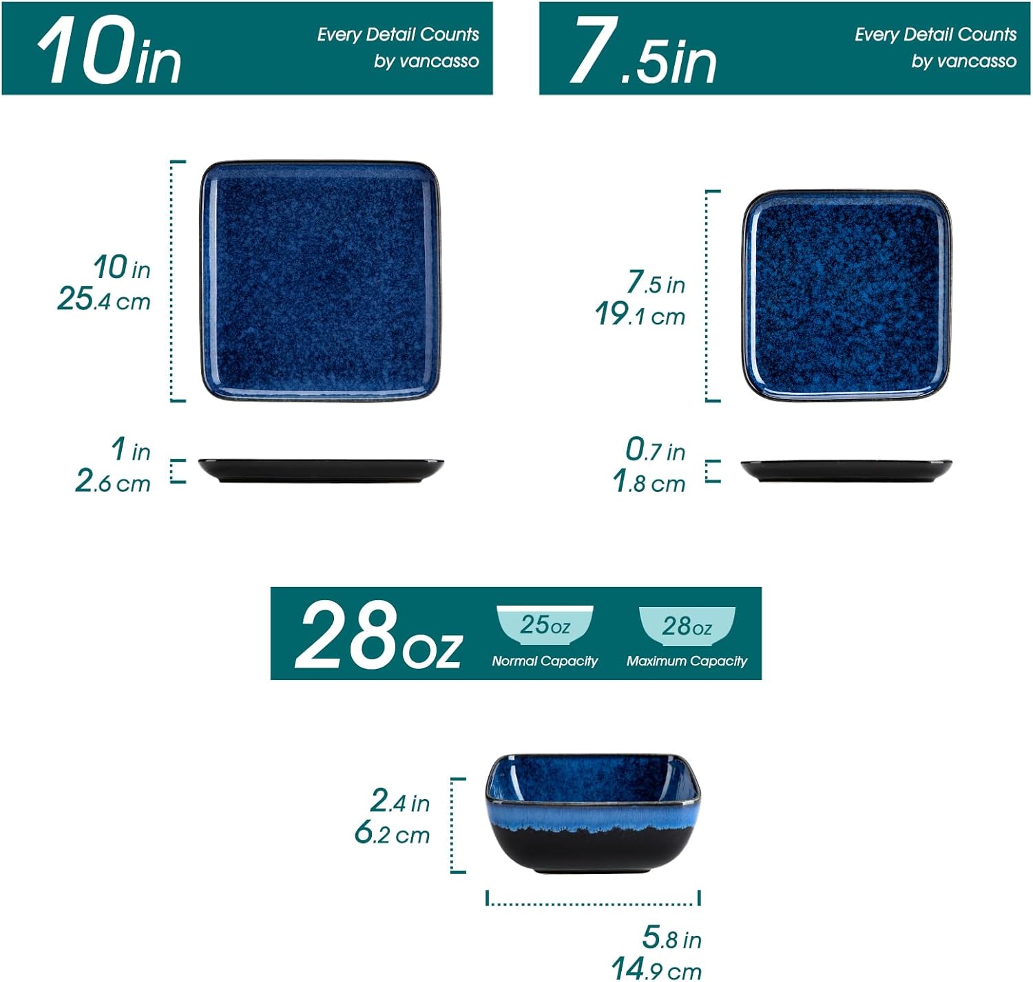 vancasso Stern Blue Dinner Set Square Reactive Glaze Tableware 12 Pieces Kitchen Dinnerware Stoneware Crockery Set with Dinner Plate, Dessert Plate, Bowl Service for 4 - Image 2