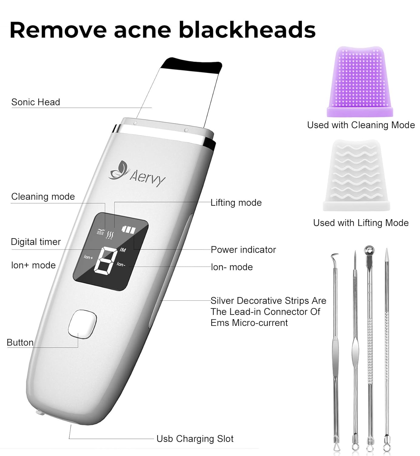 Multifunction Blackhead Remover Extractor with 4 Modes LED Display for Deep Cleaning Skin, Face Skin Spatula Skin Scrubber, Comedones Extractor Pore Cleaner Beauty Lifting Tool 4 Silicone Case : Everything Else