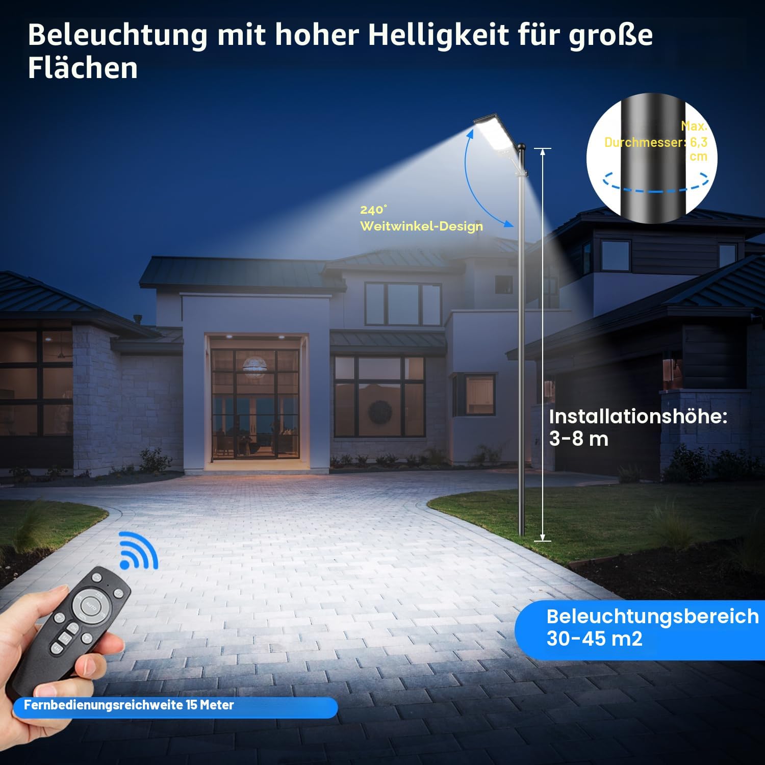 Solar Straßenlaterne für Außen, Solarleuchte mit Bewegungsmelder und Fernbedienung, IP67 Wasserdicht 6000K LED Solarlampen Außen Solar Strahler, Solar-Straßenleuchten für Garten Garage, 2 Stück