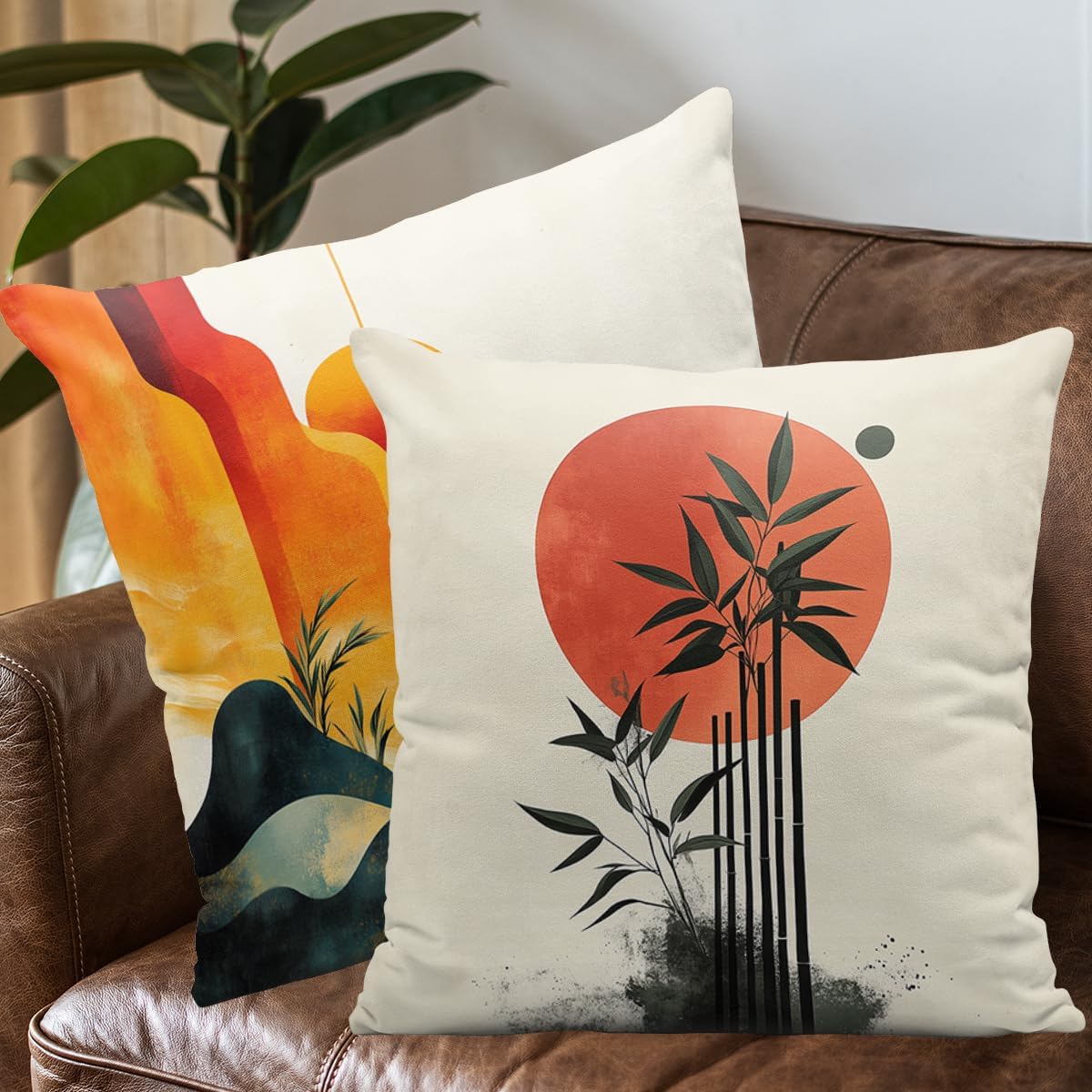 Boho Mid Century Throw Pillow Covers 18x18 Set of 4 Minimalist Geometric Plant Decorative Throw Pillow Cases Holiday Decorations for Sofa Couch Farmhouse Home image 4