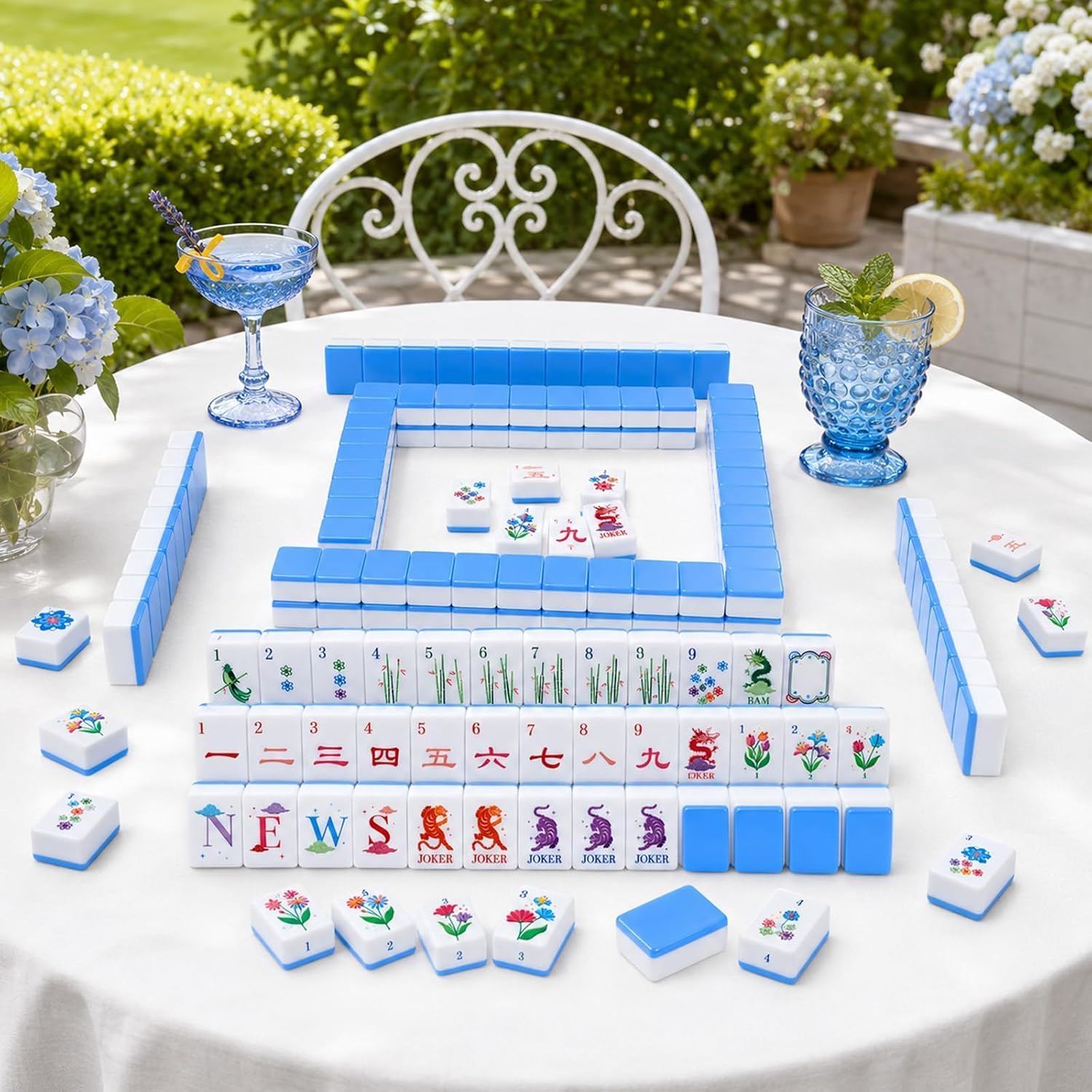 Blue melamine Mahjong set with tiger jokers (detail)