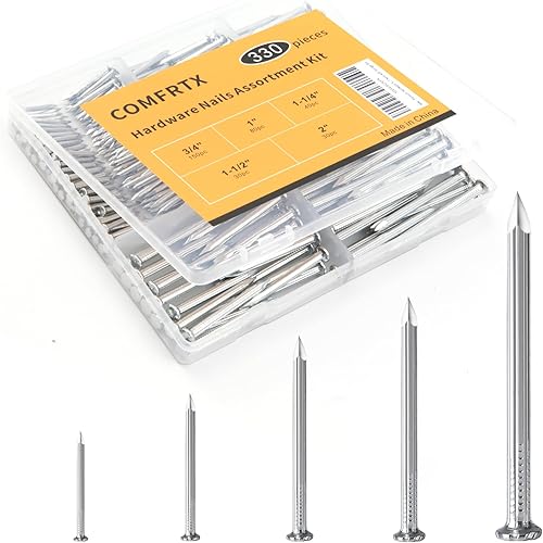 Kit surtido de clavos para concreto para colgar cuadros, 330 piezas - 5 tamaños (hasta 2"), clavos para colgar cuadros en pared de madera, paneles