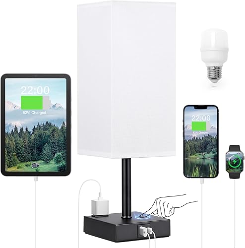 Lámpara negra para dormitorio, lámpara táctil con salidas USB-C+A y CA, mesita de noche cuadrada de 3 vías para niños, habitación de invitados, sala