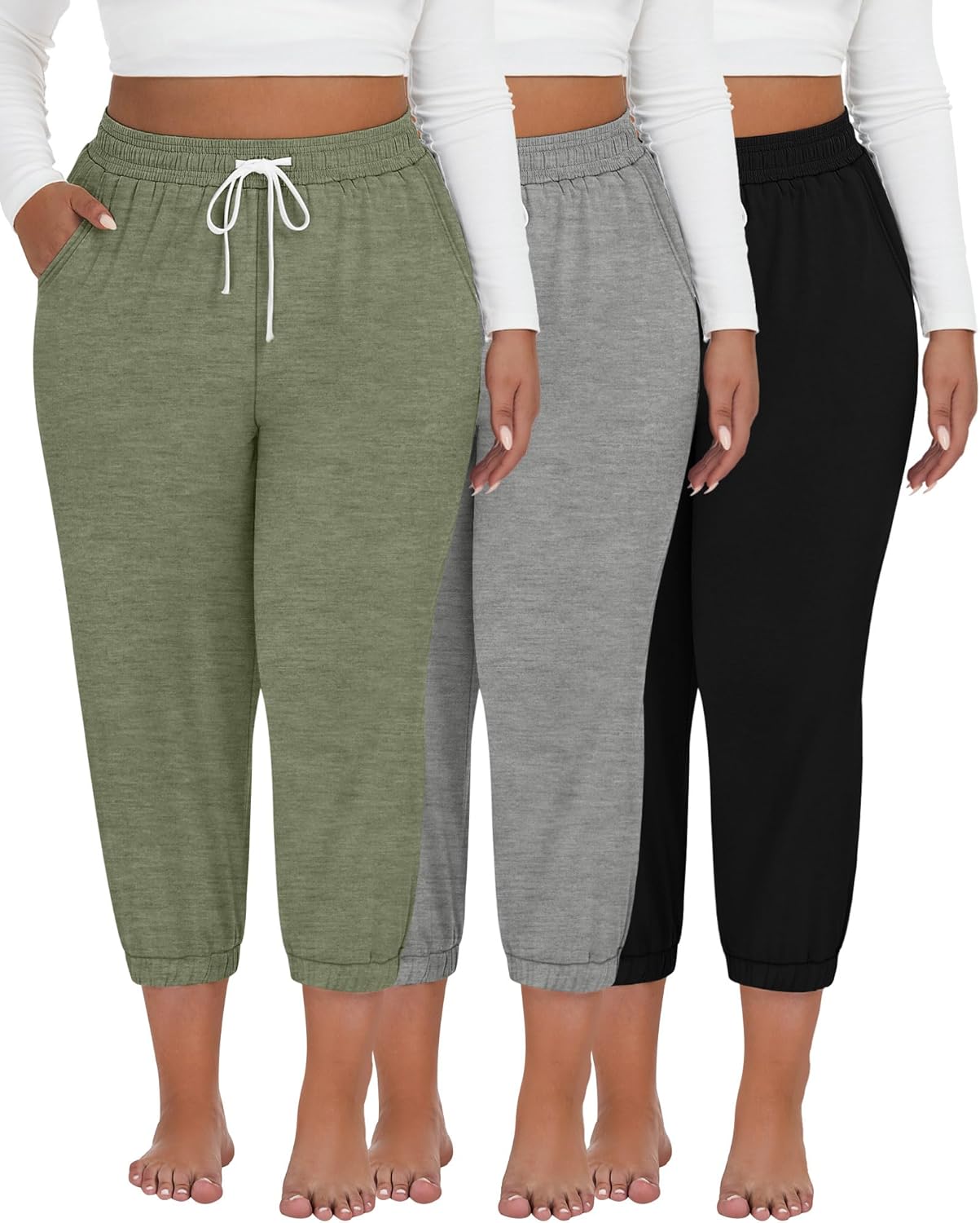 Ficerd 3 Pack Women's Plus Size Capri Sweatpants Cotton Spandex Drawstring Joggers Cropped Athletic Lounge Pants with Pockets(Black, Bean Green, Light Heather Gray,5XL) - Image 2