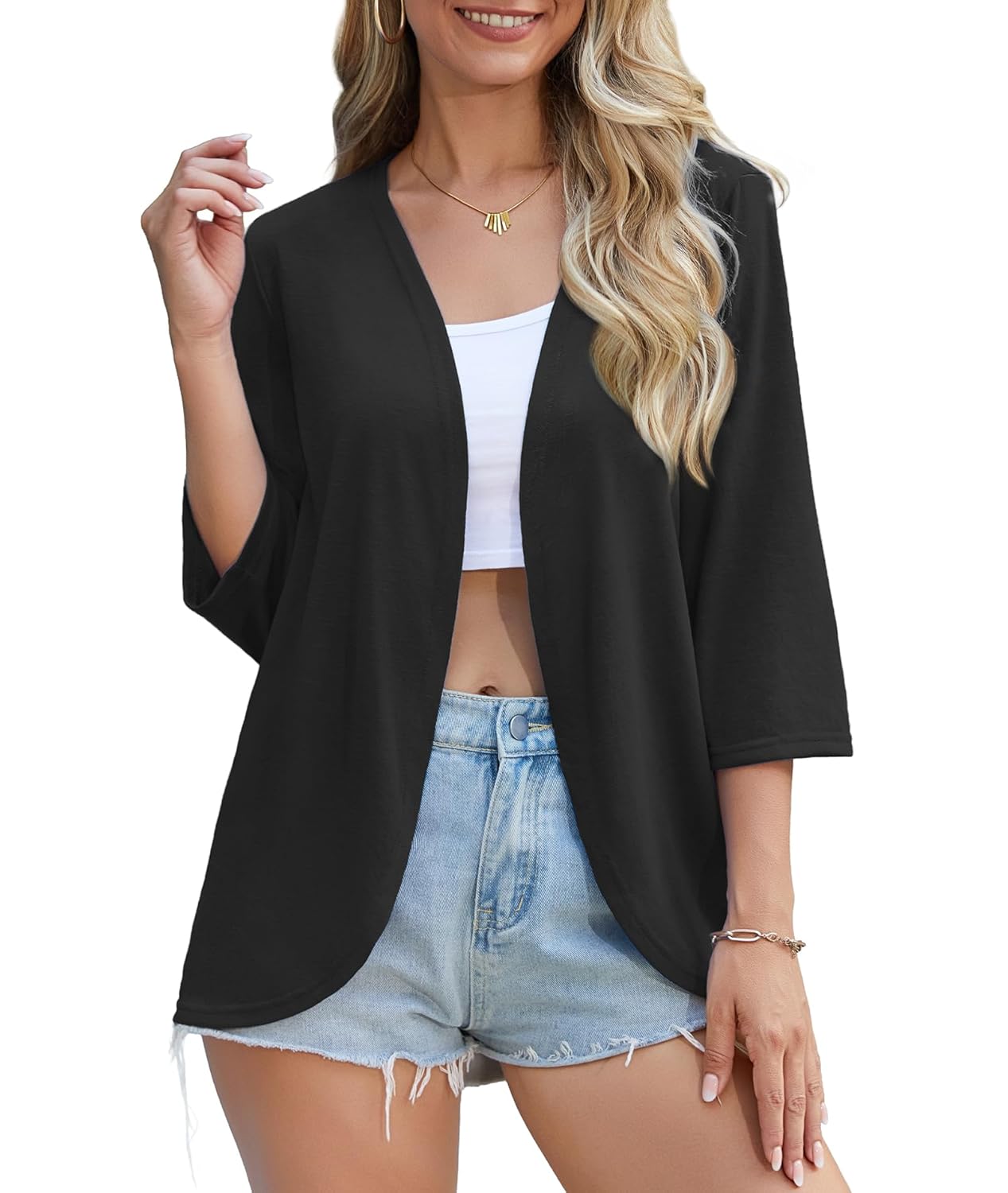 CZYINXIAN Womens Casual 3 4 Sleeve Cover Up Summer Lightweight Open Front Curved Hem Soft Cardigans