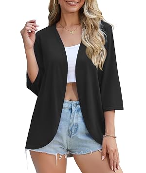 CZYINXIAN Womens Casual 3 4 Sleeve Cover Up Summer Lightweight Open Front Curved Hem Soft Cardigans
