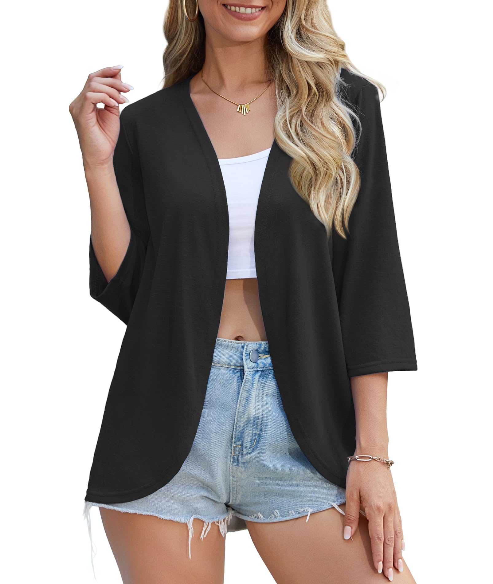 CZYINXIAN Womens Casual 3 4 Sleeve Cover Up Summer Lightweight Open Front Curved Hem Soft Cardigans