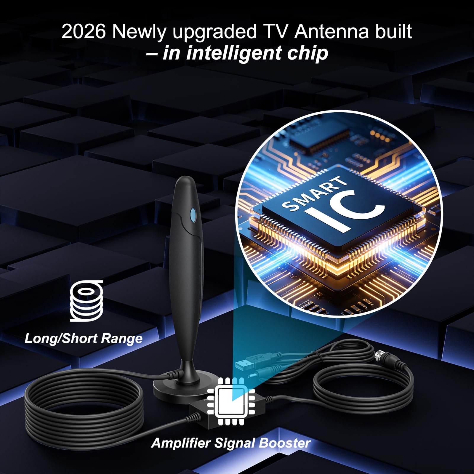 Antena de TV 2026 para Smart TV: antena digital interior para canales locales con base magnética, recepción de largo alcance de más de 3600 millas de alta ganancia con amplificador de señal