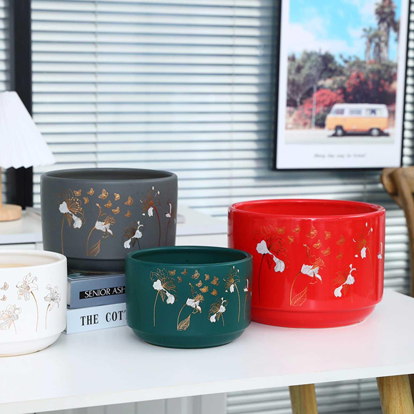 Vasi da Giardino Stampa di vasi per Piante da Fiore in Ceramica, fioriere cilindriche da 7/8/9 Pollici con Fori di drenaggio per la Decorazione Moderna dell'home Office