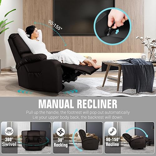 Miniatura 4 de Silla reclinable mecedora, silla reclinable de masaje con masaje por vibración y calor, sillas reclinables giratorias de 360°, sala de estar,