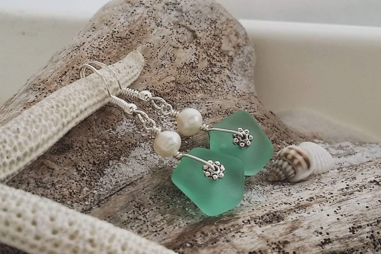 Handmade Sea Glass Earrings, Hawaiian Jewelry for Women, Wire Earrings Pearl Earrings, Unqiue Earrings Beach Jewelry Birthday Gift For Women