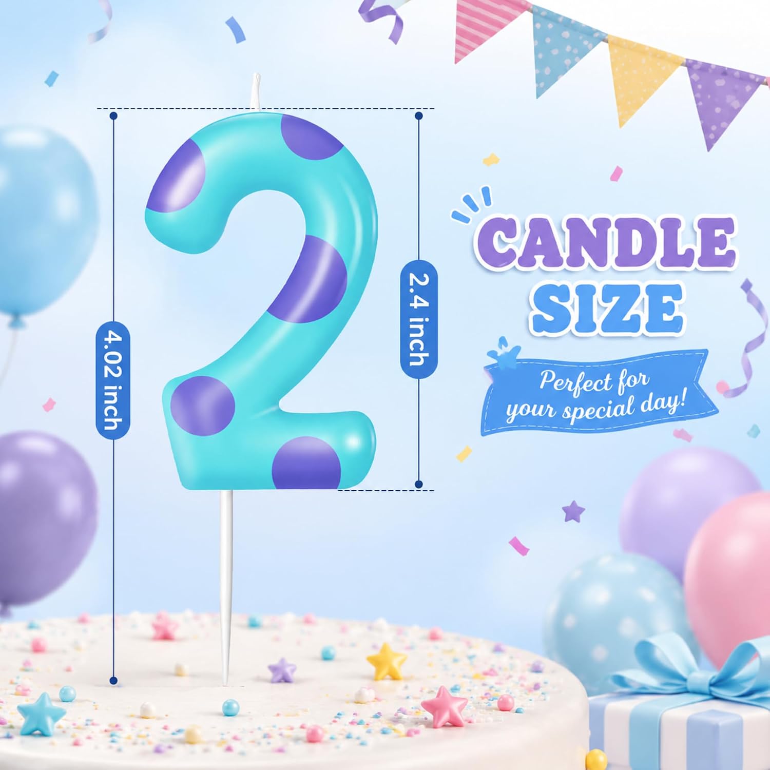MTLEE Number Birthday Candle Monster Theme Cake Topper,Lake Blue,Number 2