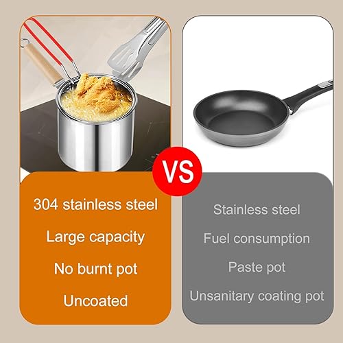 Miniatura 6 de Olla para freidora, pequeña freidora con cesta de acero inoxidable, olla para freír con cesta coladora y tapa de vidrio, olla japonesa de tempura