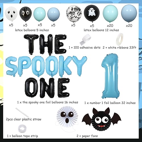 Miniatura 6 de The Spooky One - Decoraciones de cumpleaños para niños, tema de Halloween, arco de globos azules pastel número 1, globos de aluminio para fantasma