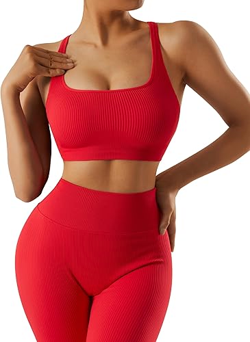 Miniatura 4 de RXRXCOCO Conjuntos de entrenamiento acanalados para mujer, 2 piezas, sin espalda, brasier deportivo con tirantes, leggings a juego, conjunto de yoga