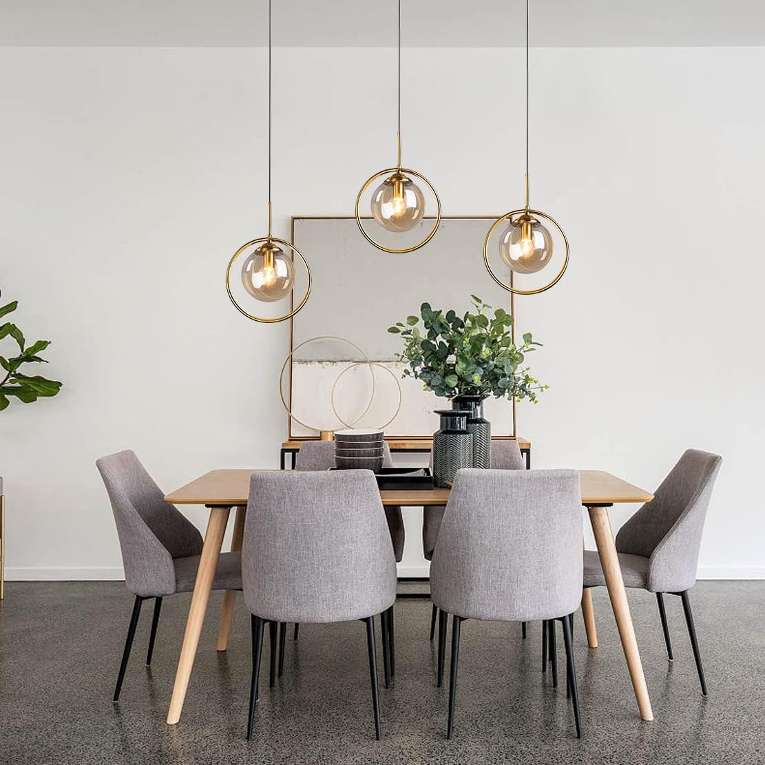 BOKT Modern 1-Light Globe Pendant Light Mid Century Amber Glass Ball Pendant Lighting Brushed Gold Single Round Circle Hanging Lamp Kitchen Island Dining Room Pendant Light Fixture