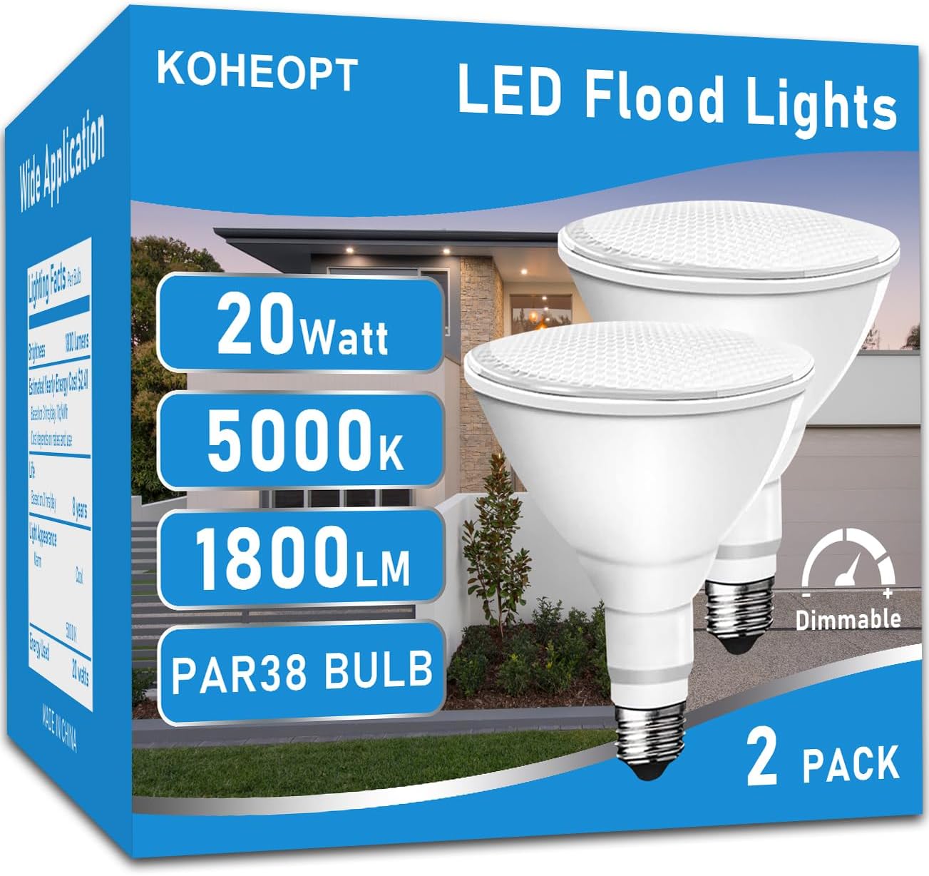 PAR38 LED Flood Light Bulbs, （2 Pack） 20W Outdoor Flood Lights,1800 Lumens 5000K Dimmable Daylight, Replaces 200W Bulb, Outdoor Flood Light Bulbs for Backyard,Garage,Porch,Garden
