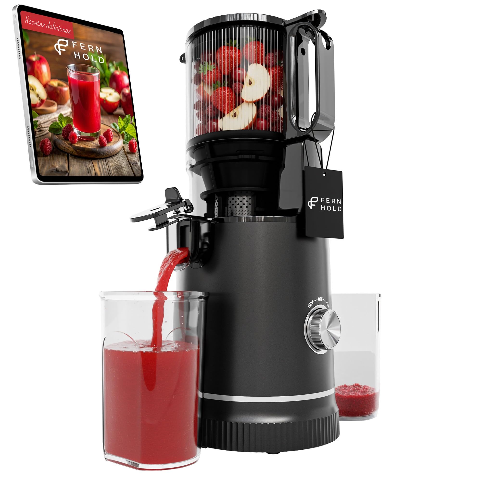 Extractor de Zumos 250 W, Slow Juicer de Prensado en Frío con Tolva XXL de 130 mm para Frutas y Verduras Enteras | Sin BPA | Función Inversa | Incluye 2 Vasos, Cepillo y Recetas de Zumo