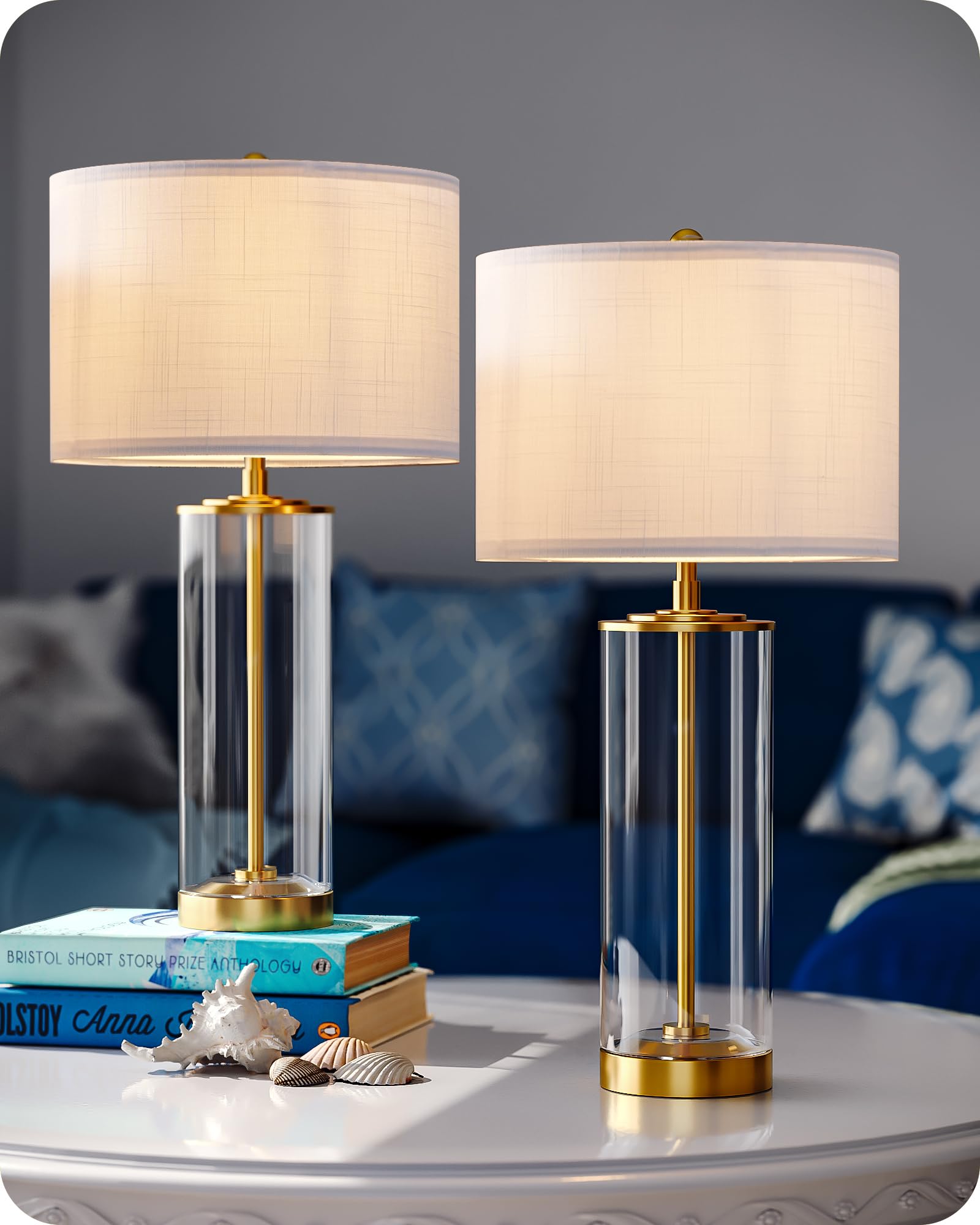 EDISHINE 23.6IN Glass Table Lamp DIY Fillable Base, White Linen Lampshade Table Lamp Set of 2, Tall Bedside Lamp for Living Room Bedrooms Bedside, Rotary Switch, UL Listed