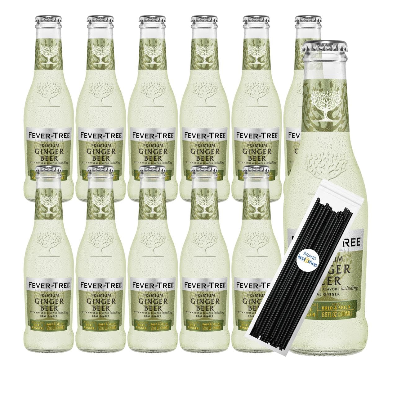 Fever-TreeGinger Beer Premium Cocktail Mixer 6.8 fl oz Glass Bottles 12 Pack + 20 Plastic Stirrer Sticks by KOOL8SHOP Infinite Deals