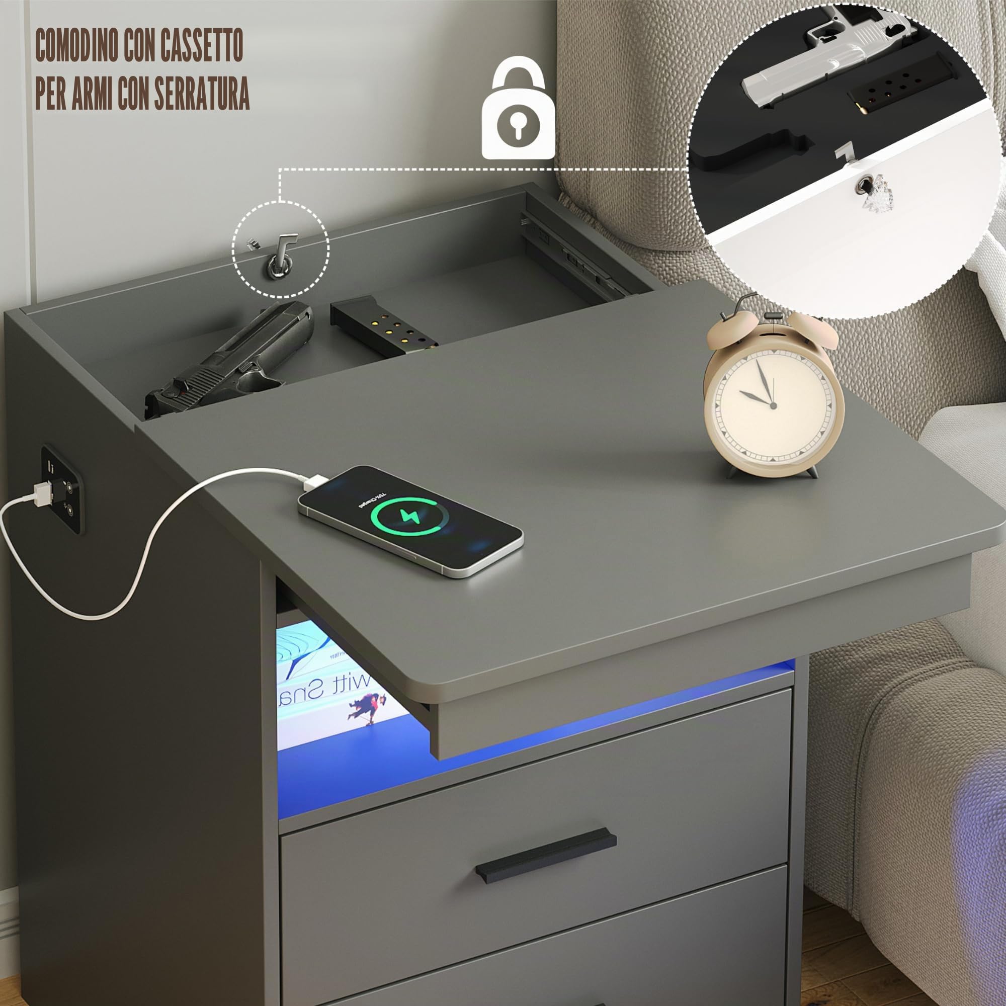 FREDEES Comodino LED con cassetto nascosto, Comodino con stazione di ricarica e luci a sensore umano a 3 colori, Comodino moderno con spazio di archiviazione, Grigio