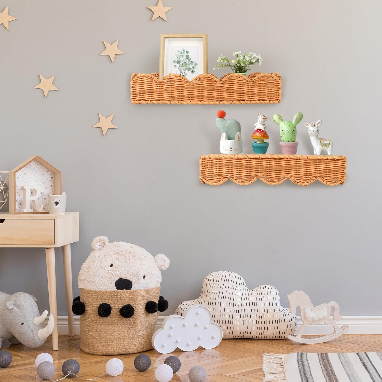 2 Set Nursery Book Shelves Scalloped Plastic Artificial Rattan Classroom Wall Shelf 15.8 Inch Wall Mounted Floating Bookshelve, Hanging Boho Wicker Woven Shelf for Bedroom Farmhouse Decor (2, Brown)