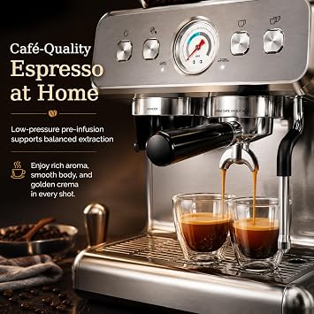 Espresso Coffee Machine with Grinder, 20 Bar Professional Espresso Maker with Milk Frother Steam Wand, 58mm Portafilter Coffee Machine for Home Barista, Perfect for Latte & Cappuccino